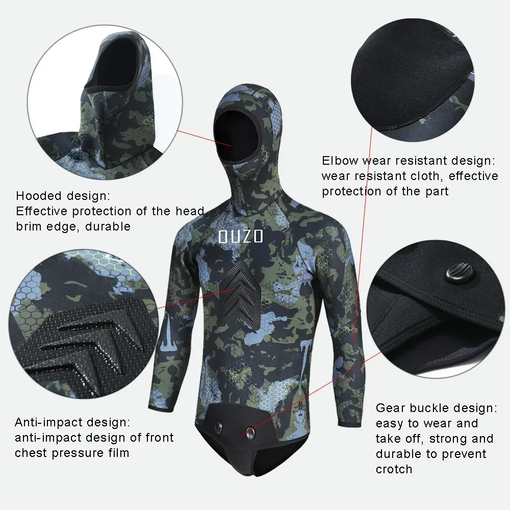 Men Spearfishing Wetsuit Neoprene 3.5mm 5MM 7MM Open Cell Camouflage Diving Suit 2pcs Set for Hunting,Scuba Dive