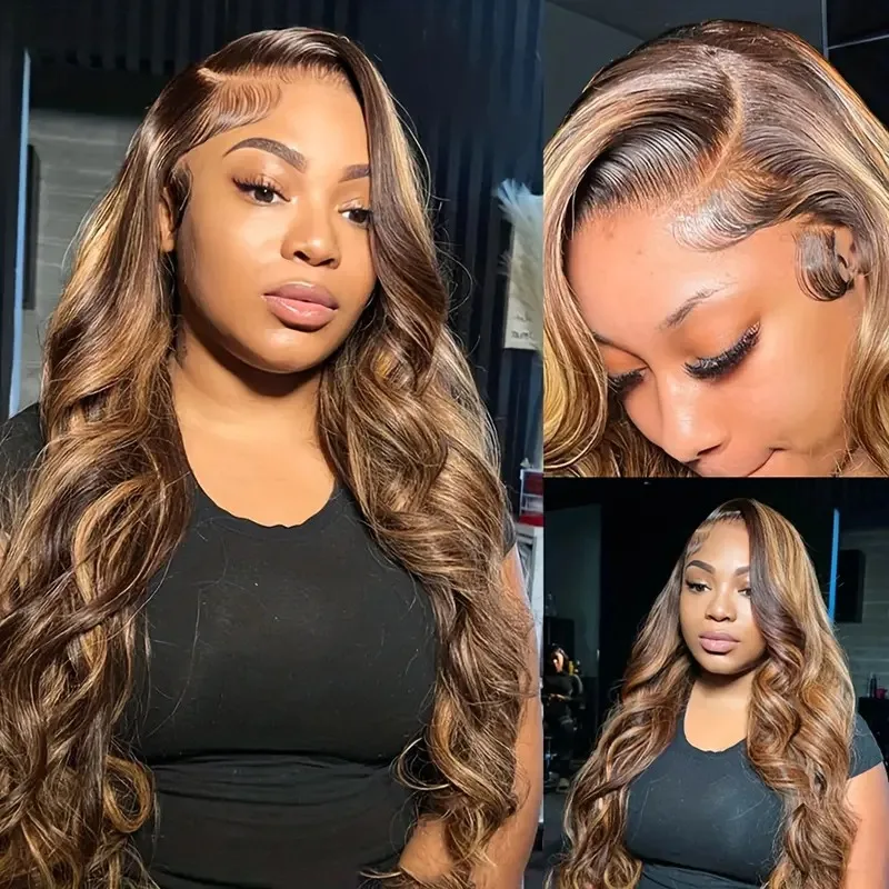 Ombre Honey Blone Wigs 4x4 Body Wave Preplucked Lace Frontal Wig Highlight Brown Human Hair 13x4 Lace Front Wigs For Women