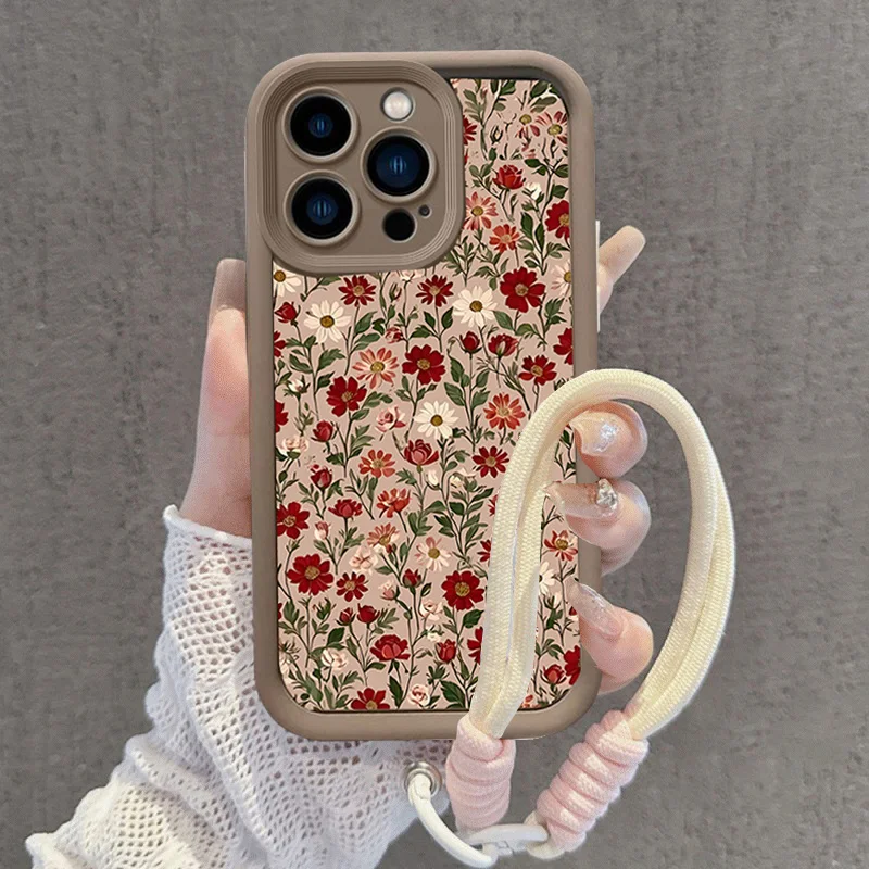 Retro Flower Strap Lanyard Phone Case with TPU Cover