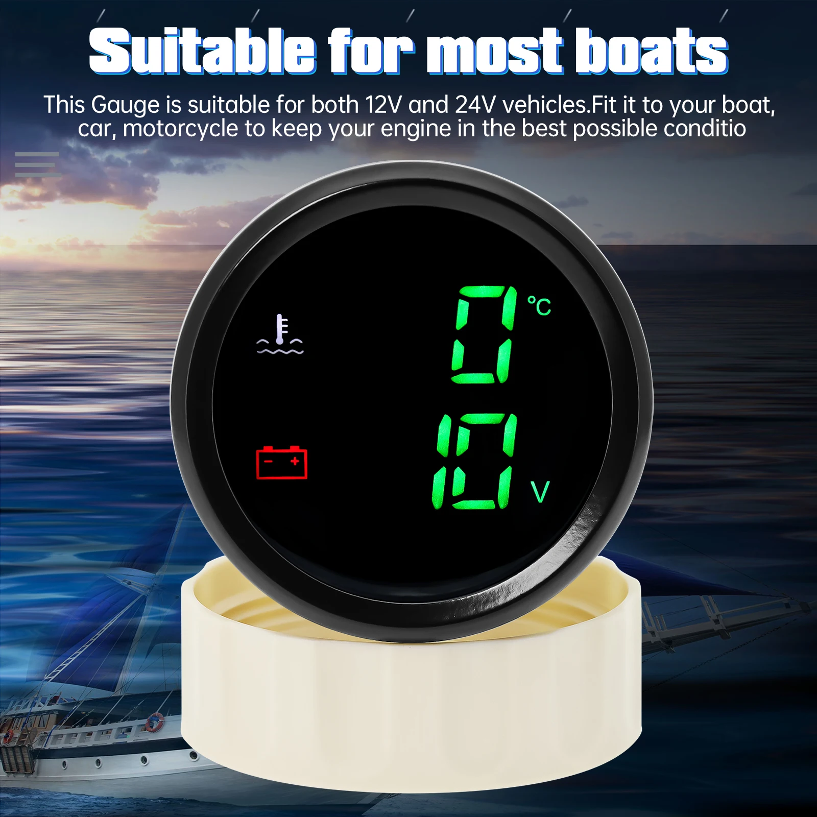 녹색 LED 듀얼 게이지, 수온 계량기 및 전압계, 보트 자동차 요트용 센서 포함, 2 in 1, 40-120 ℃, 104-248 ℉, 52mm, 12V, 24V 맞춤형