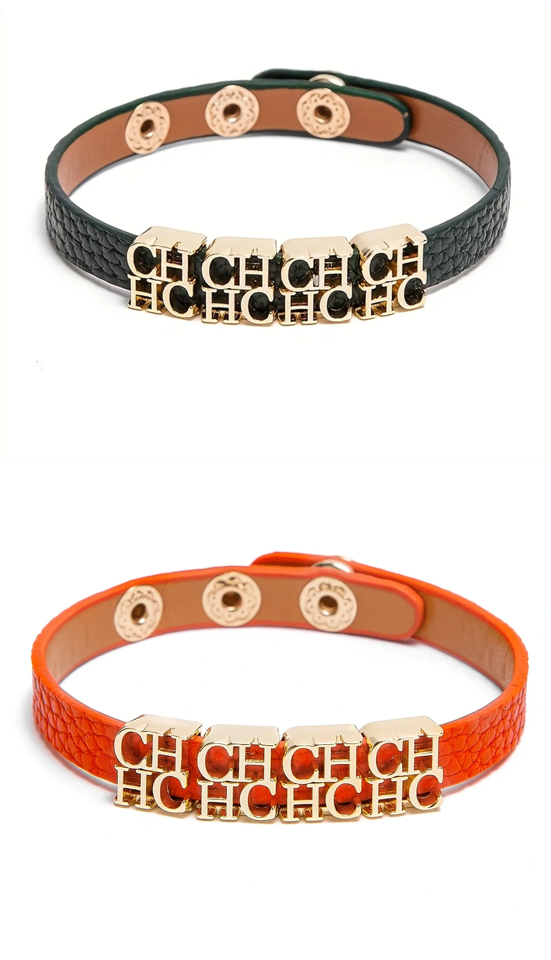 CH Modisches Lederarmband mit Gold-Metall-Buchstabenanhängern Verstellbarer Druckknopf-Verschluss Trendiges Accessoire für Damen – Detail 4