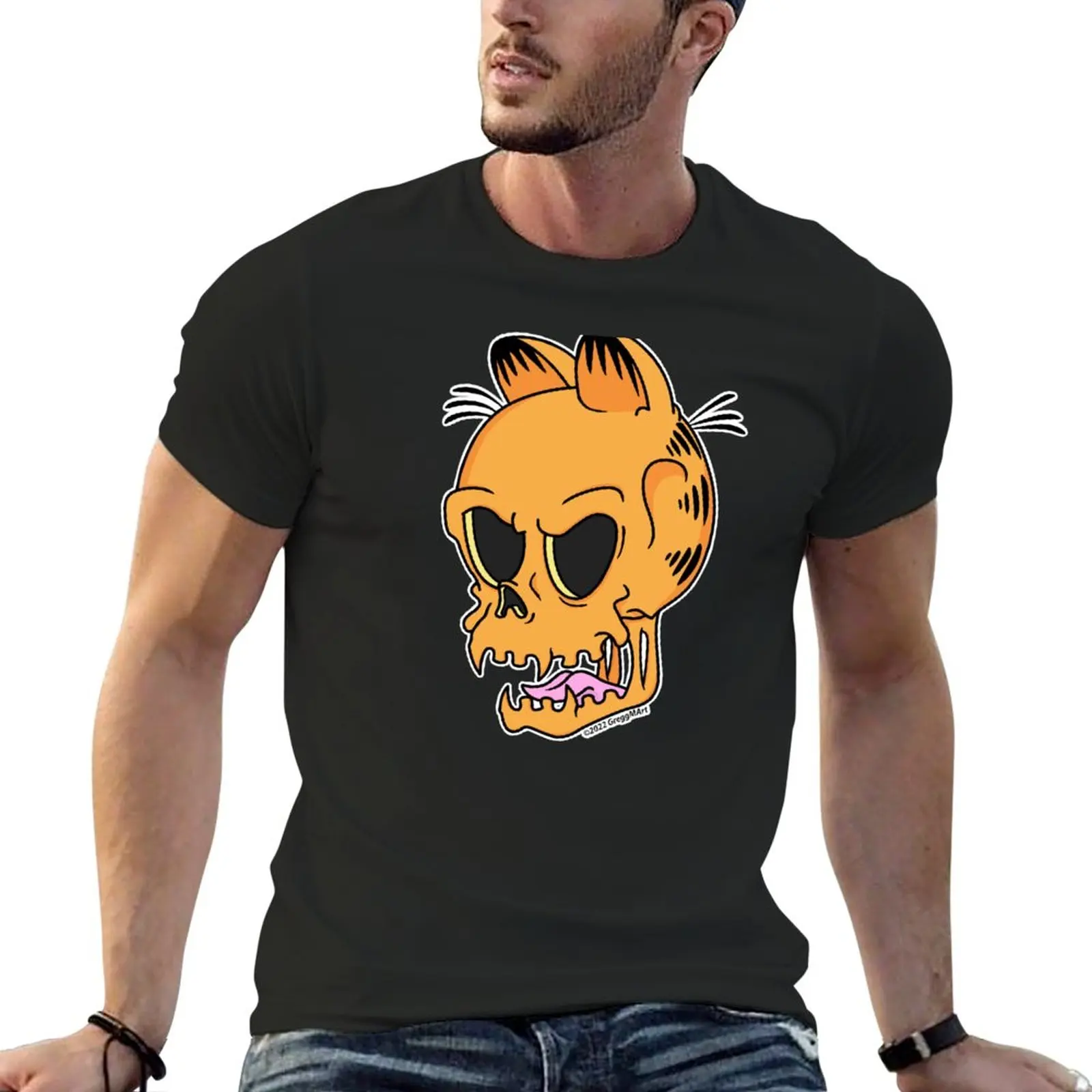 

New Orange Cat Skull T-Shirt animal print shirt for boys Short sleeve korean fashion anime clothes t shirt men