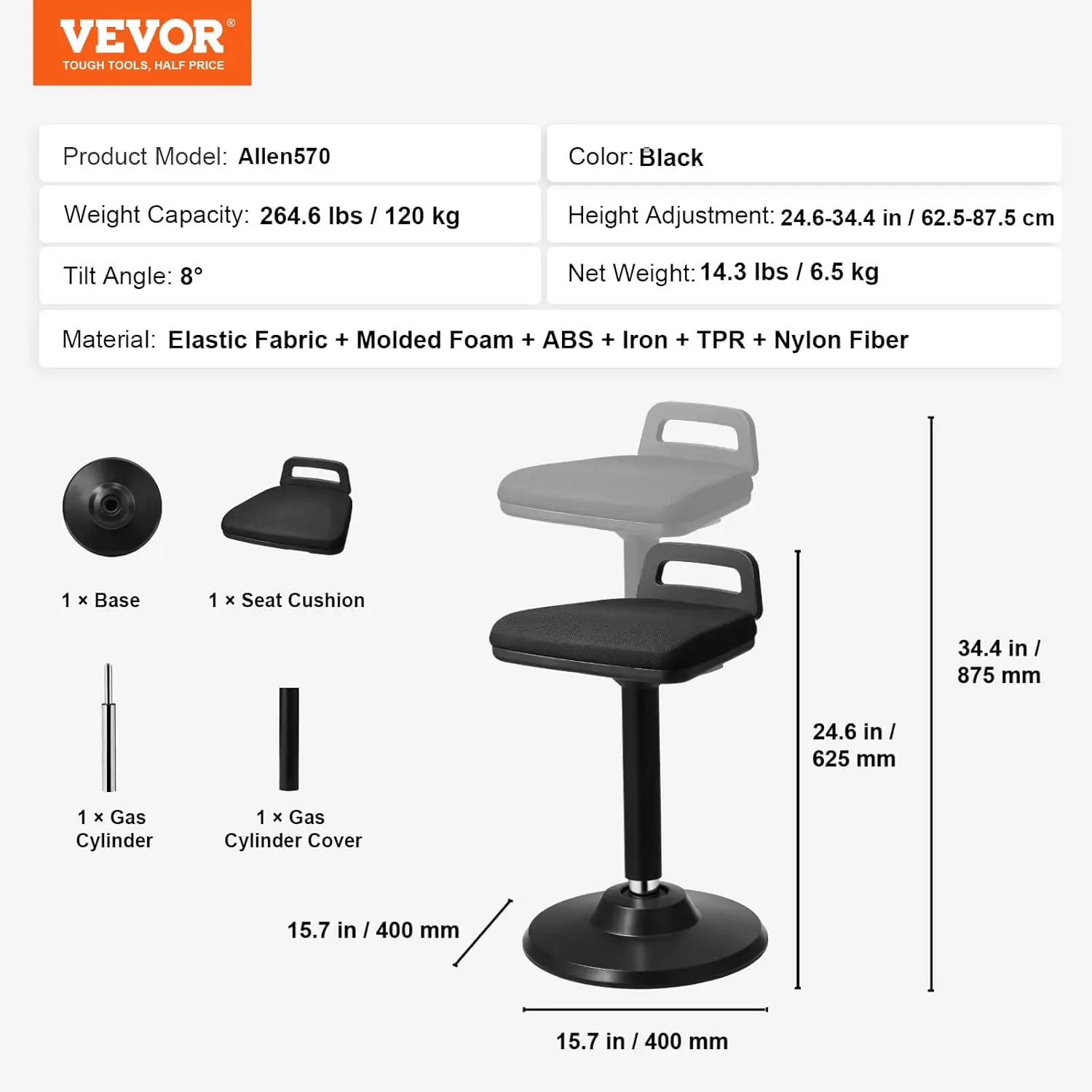 Active Chair with Handle, Height-Adjustable (24.6-34.4") Wobble Chair Made of Elastic Fabric & 45 mm Foam 3