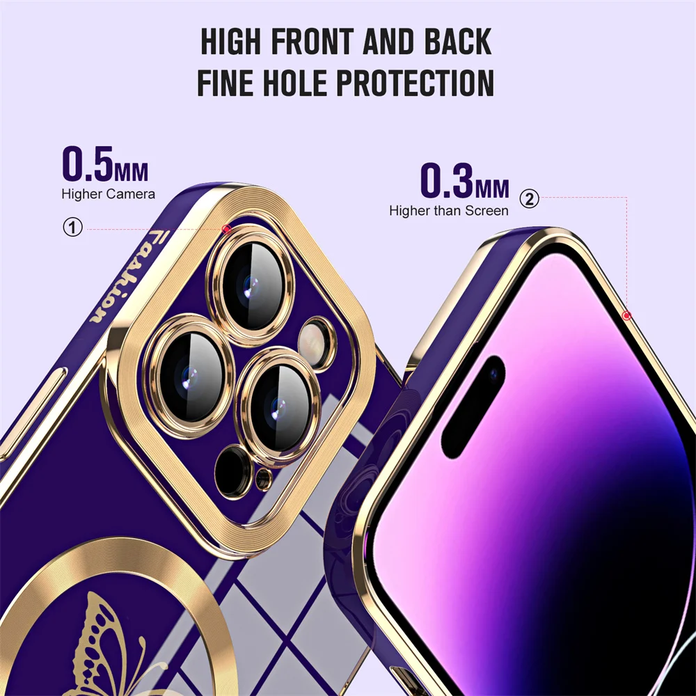Coque de luxe plaquée or avec papillon Magsafe pour iPhone 16 15 Pro Max 14 13 12 11 Protection de l'objectif de l'appareil photo Charge sans fil Funda 14 Pro_voghion.com