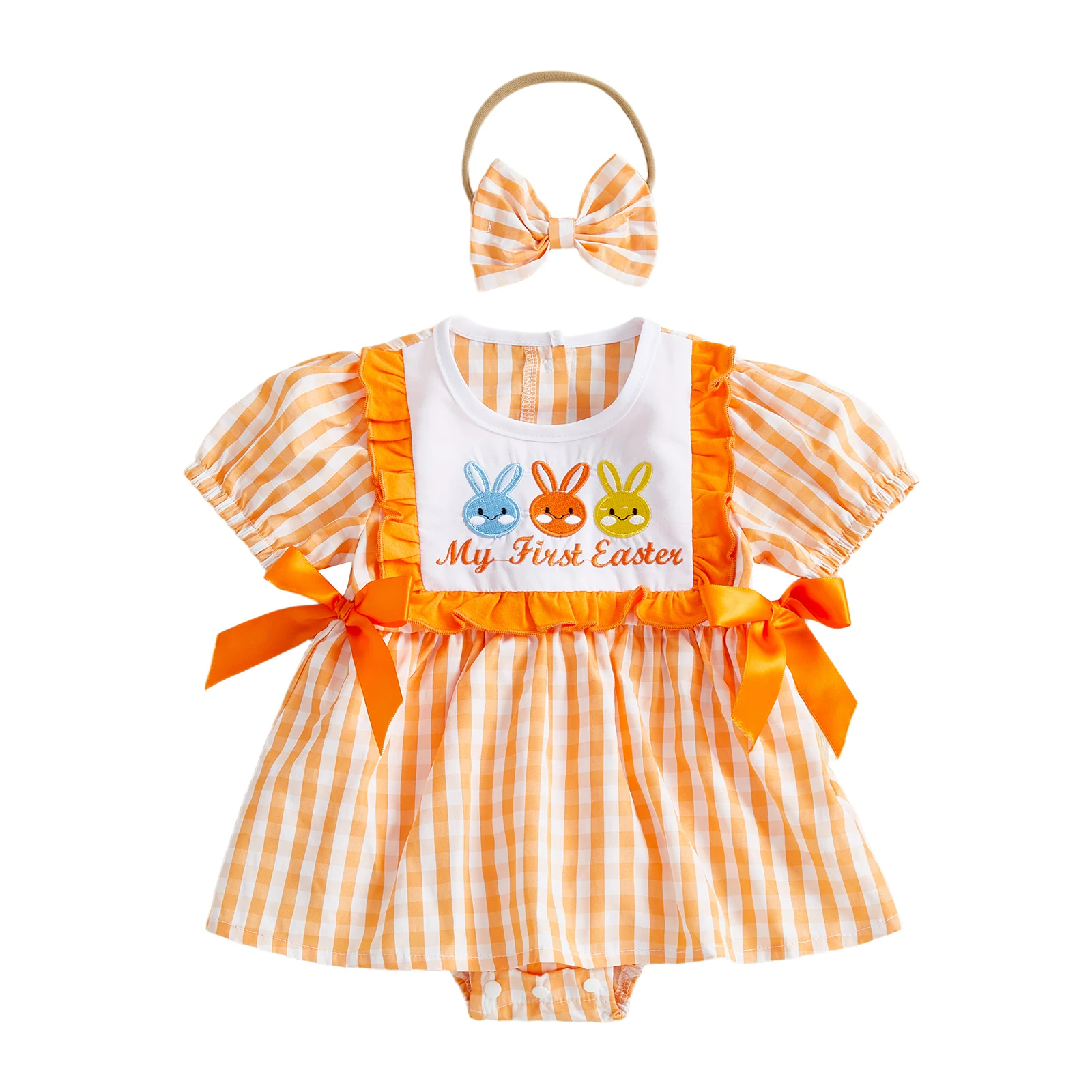 Adorable Toddler Girl Spring Outfit Flutter Sleeve Floral Print Romper Dress with Matching Bow Headband Set for Easter