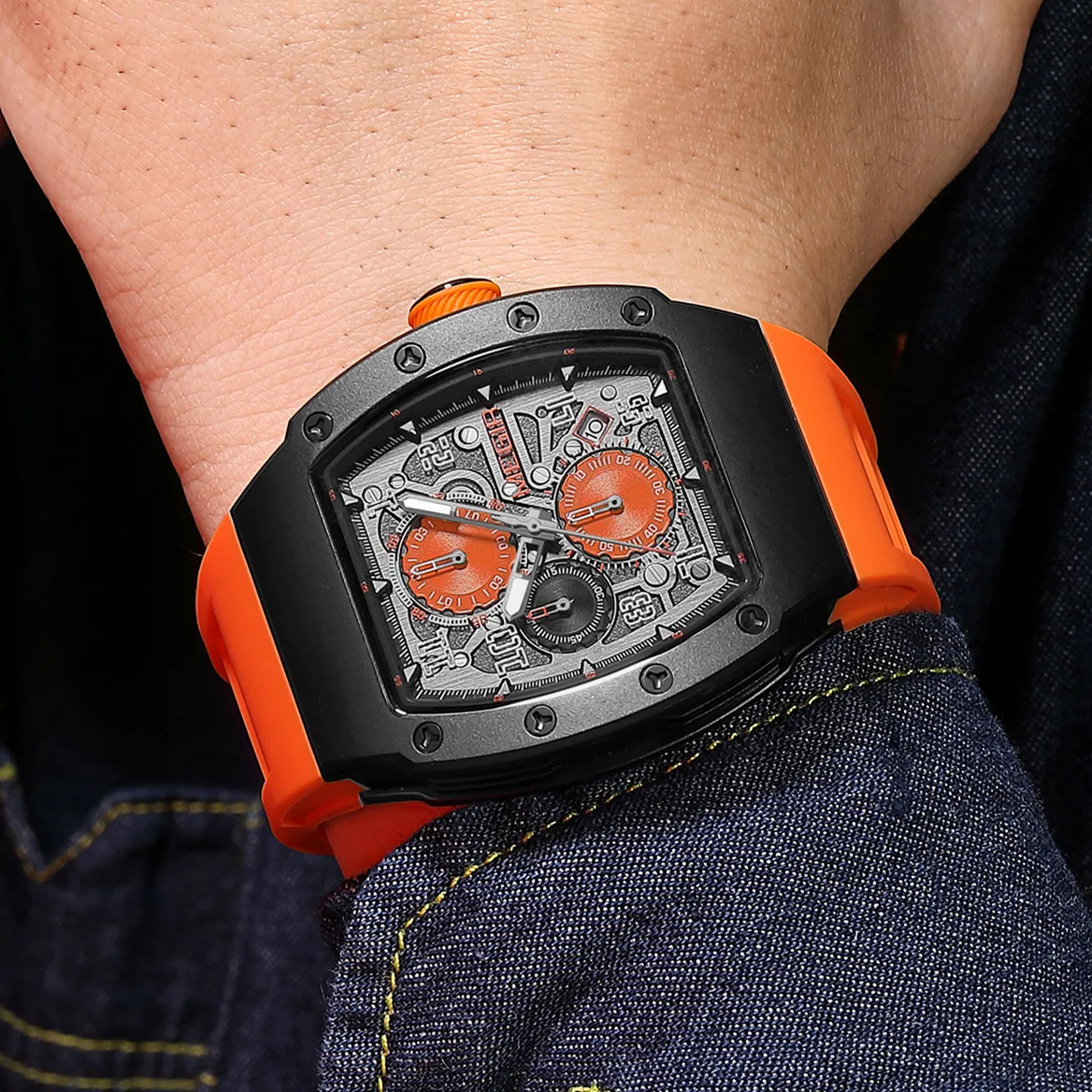 Kuvars Erkekler Lüks Silikon Spor Askeri Bilek Kronograf Su Geçirmez Tarih Saat_voghion.com