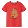 Capybara drinks milk tea print anime Short t shirt for kids boy 10year y2k one piece 100%Cotton Tops pride tshirt girls clothes 1