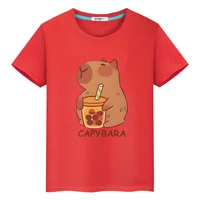 Capybara drinks milk tea print anime Short t shirt for kids boy 10year y2k one piece 100%Cotton Tops pride tshirt girls clothes 1