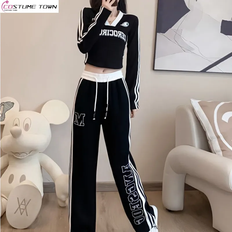 Retro Pop Street Leisure Sports Set Women's Spring 2024 New Spicy Girl High Waist Wide Leg Pants Two Piece Set women s jeans hiphop high street hot girl high waist fashion y2k wide leg pants spring vintage woman ripped baggy jeans 2022