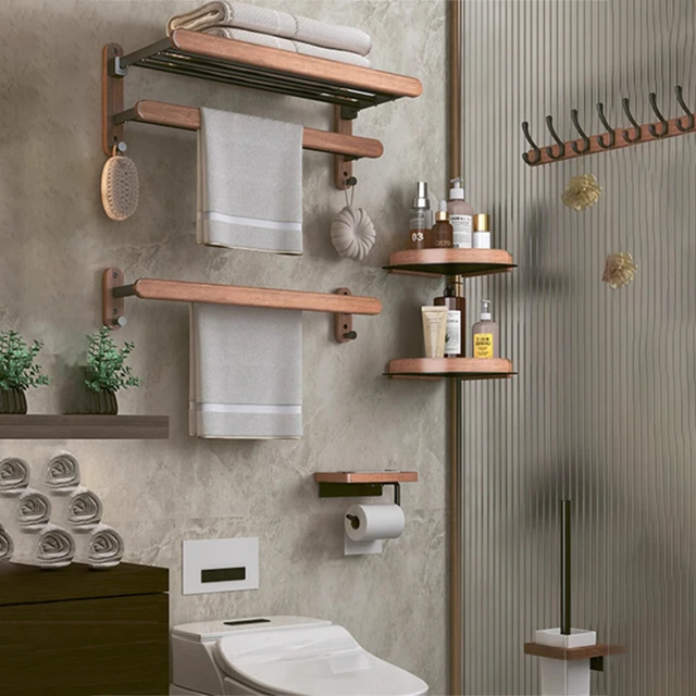 ไม้วอลนัทสีดําชุดอุปกรณ์ห้องน้ําชั้นวางผ้าเช็ดตัวในห้องน้ําชั้นวางผ้าเช็ดตัวที่ใส่กระดาษชําระผ้าเช็ดตัวชั้นวางอุปกรณ์ห้องน้ํา 1