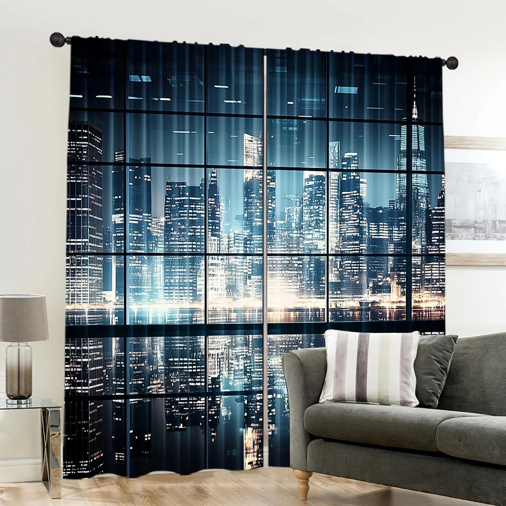 2pcs, spring summer Curtains New York City Landscape and Skyscraper Architecture Prints Yarn Curtains Polyester Easy Install 6