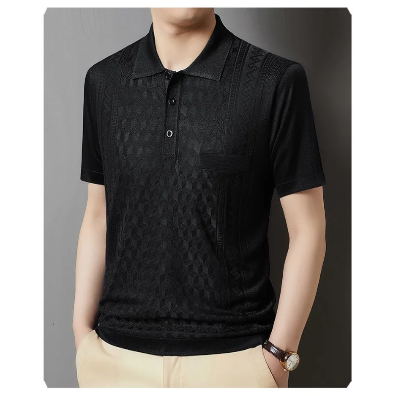 Polo da uomo in maglia jacquard tinta unita con taschino sul colletto, manica corta, elegante, estivo, per affari - immagine 5