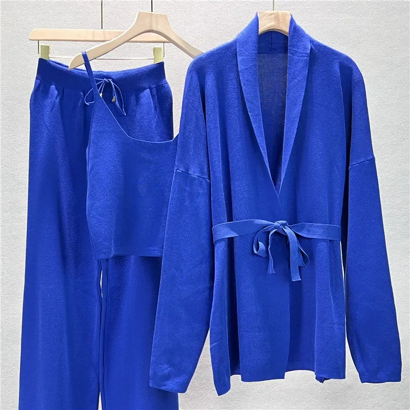 2024 New Fashion 3 Piece Set Women Sexy Vest + Long Sleeve Shawl Cardigan coat + Wide Leg Pant Women's Tracksuit Knitted Suit