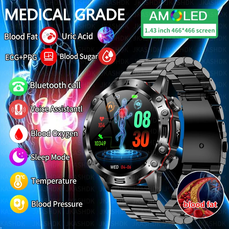 2024 Nuova Diagnosi Medica Smart Watch Bluetooth Call Blood Sugar Blood Lipid Monitor Dell'Acido Urico Hrv Ecg Smartwatch Per Uomo Donna