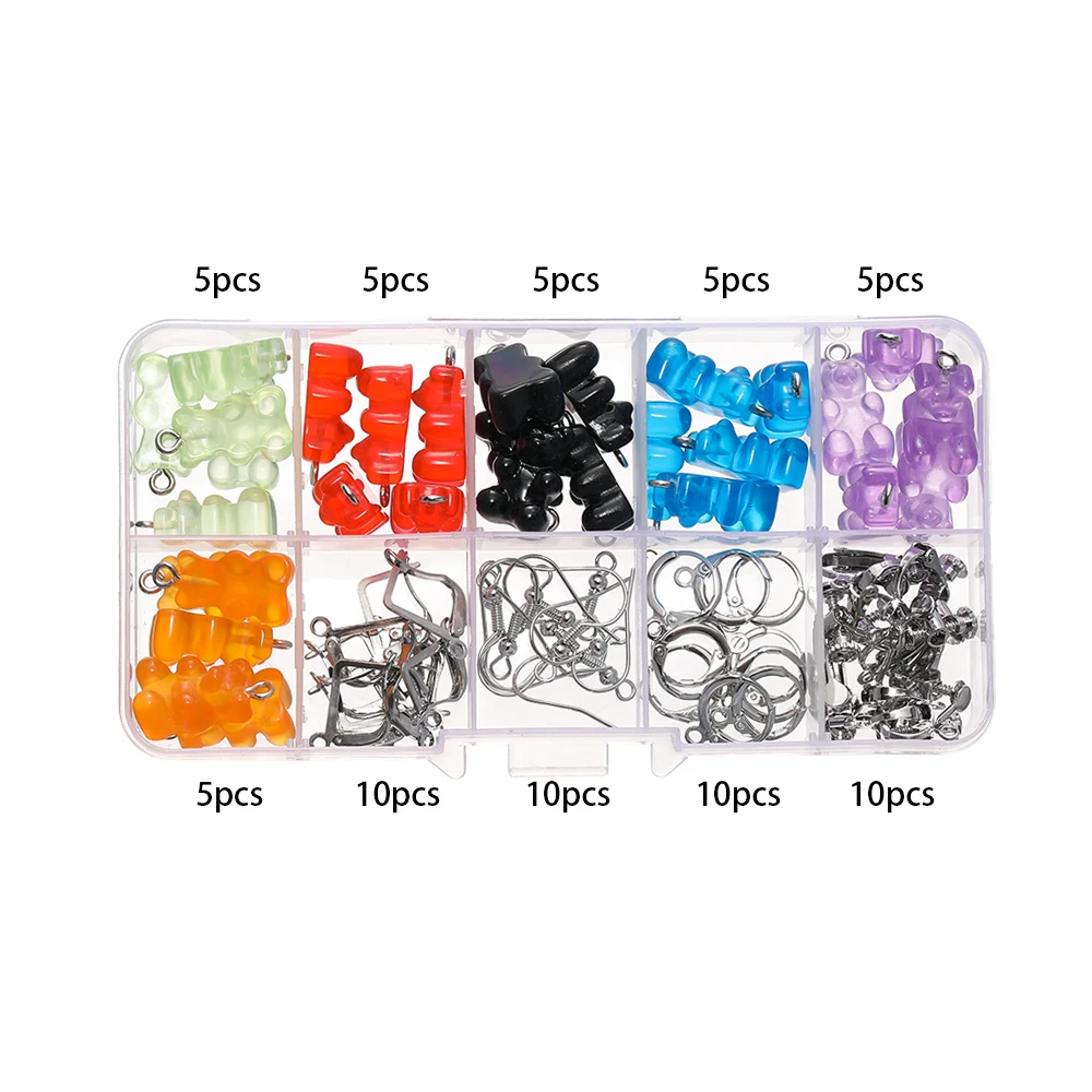 65Pcs/Box Colorful Resin Bear Pendants Alloy Earrings Findings for DIY Earrings Necklace Jewelry Making Accessories