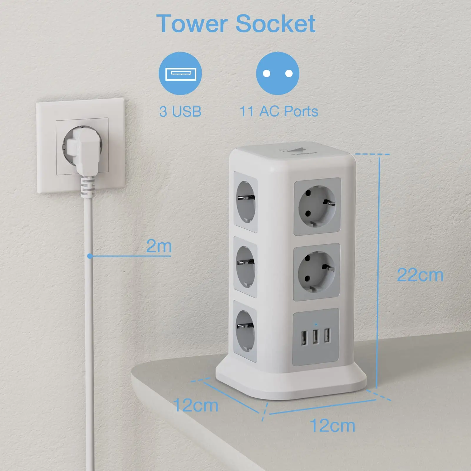 Power Strip Tower Surge Protector Power Strip with USB 12 Outlets with 4  USB Ports (1 USB C), Flat Plug 6.5FT Extension Cord Multi Plug Outlet  Extender Overload Protection for Home Office 