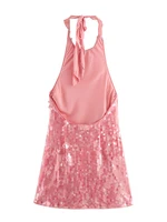 Sexy Sequin Mini Dress Women Loose Fashion Backless Halter A Line Robe Female 2024 Party Evening Chic Lace Up Sleeveless Dresses 2