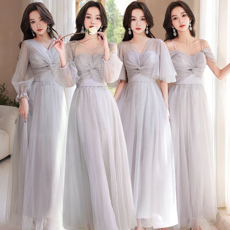 

Gray V-neck Bridesmaid Dresses Elegant Long-Sleeved Ankle-Length Party Gown Puffy Multi-Layer Tulle Evening Dress