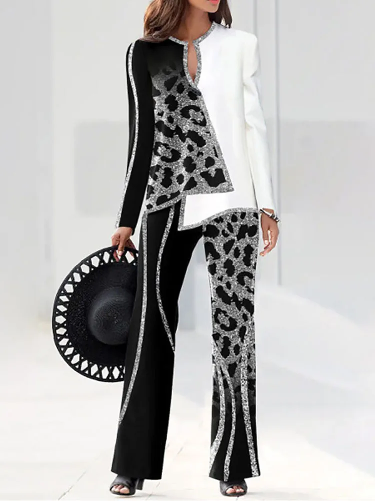 Женский комплект из двух предметов элегантный пуловер и брюки с широкими