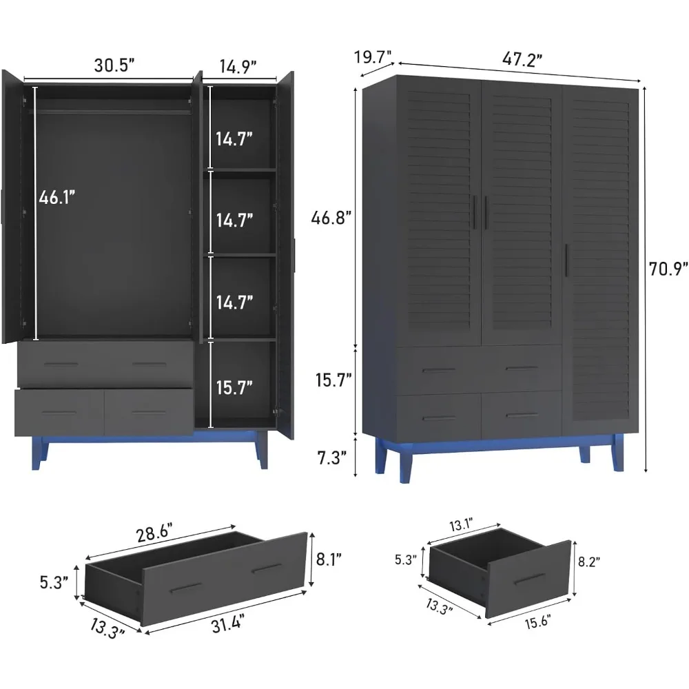 3 Door Armoire Wardrobe Closet Cabinet with Drawers and LED Lights, Multi-Tier Shelves, Hanging Rod & 3 Louver Doors 2