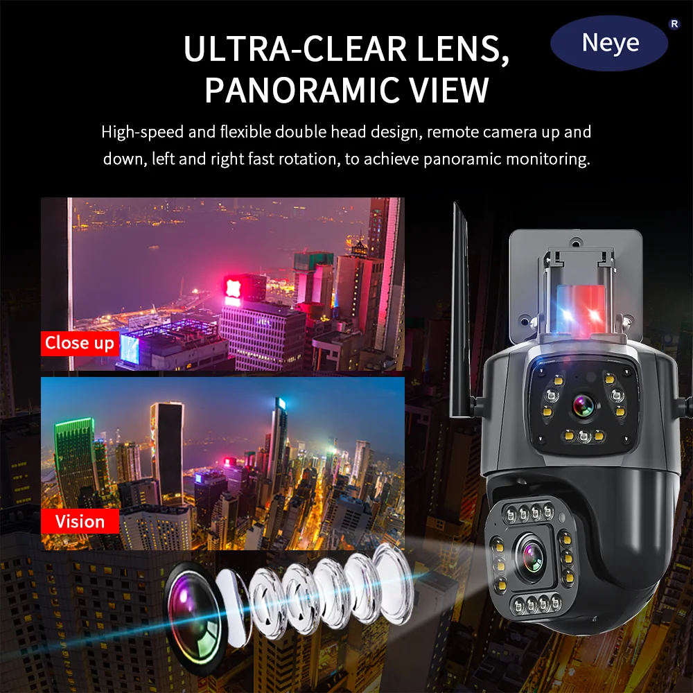 Neye3c 8MP 4K PTZ WiFi Security Camera Outdoor Dual Lens Dual Screen IP Camera AI Automatic Tracking Audio Camera 4