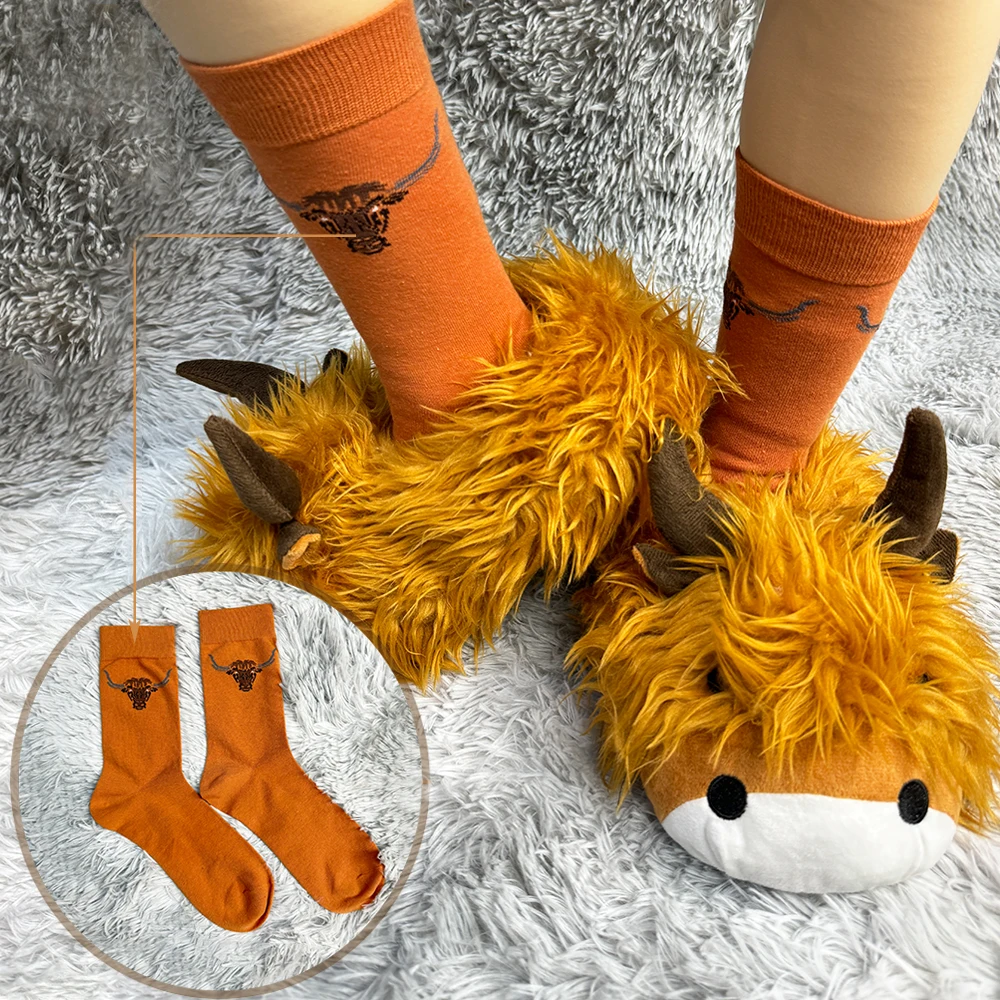 Highland Cow Plush Slippers with Sock Women Men Fluffy Cattle Slipper Warm Soft House Animals Shoes Christmas Birthday Gifts 3