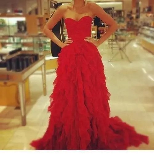 

E0495 2015 New arrival Fashion designed sweet heart ruffle tulle long red evening dress
