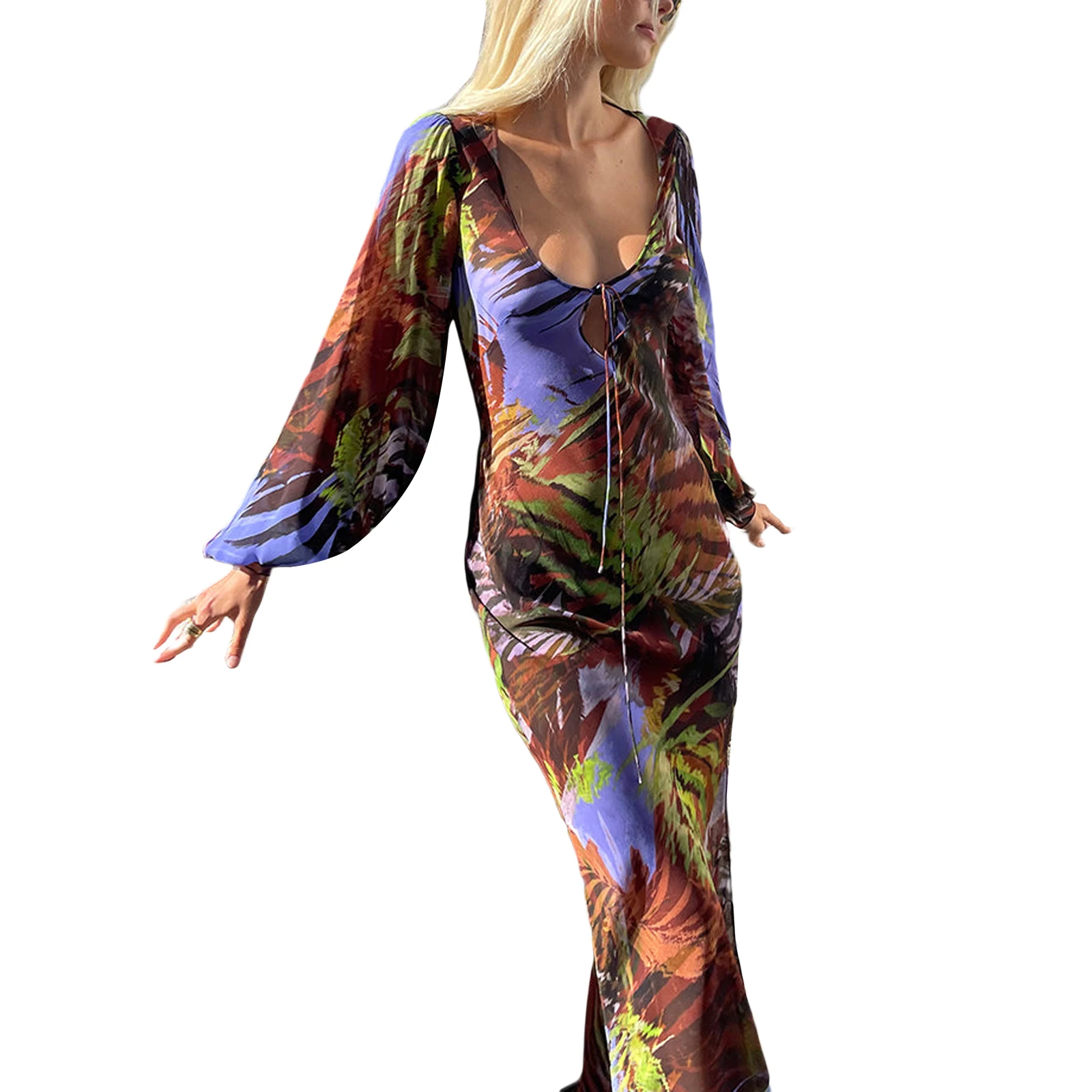 

Women's High Split Long Dress Tropical Print Lantern Sleeve Tie-up Front Bodycon Dress Summer Beachwear