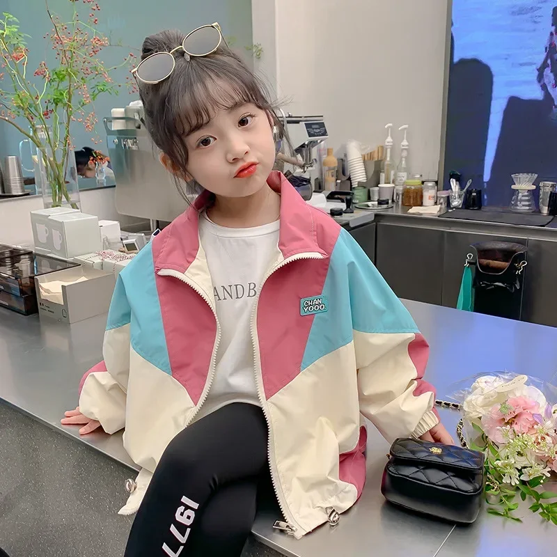 여아 코트 스플라이싱 스타일 플립 칼라 지퍼 맨투맨, 2-10 세 여아 야외 의상, 용수철 가을 패션, 신제품