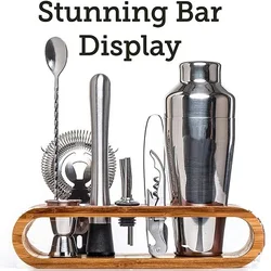 Premium Cocktail Bar Set - 10 - Piece Mixology Kit with Elegant Bamboo Stand (Silver)