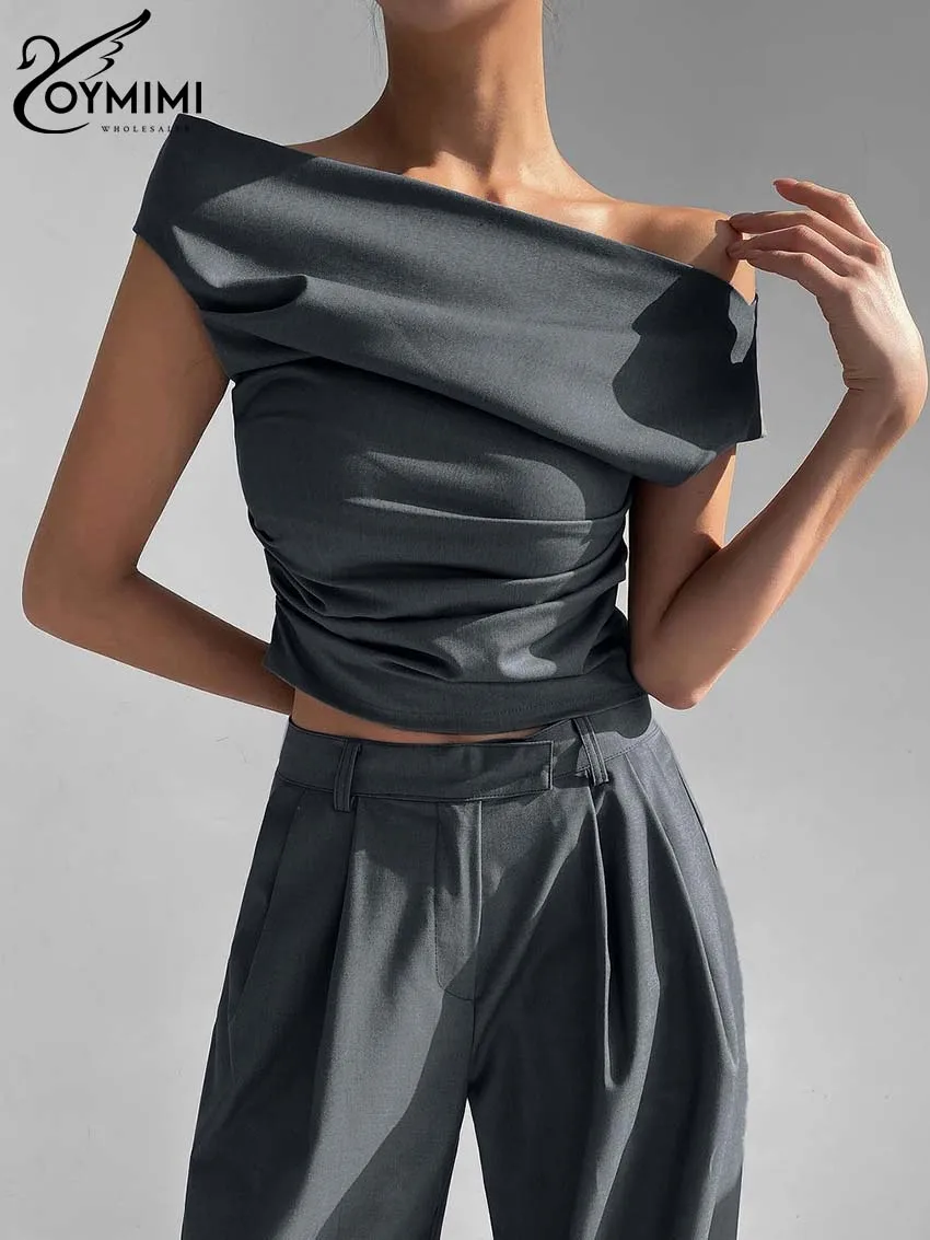 Oymimi Fashion Grey 2 Piece Sets Women Outfit Elegant Slash Neck Solid Blouses And Simple Straight Full Length Pants Sets Female