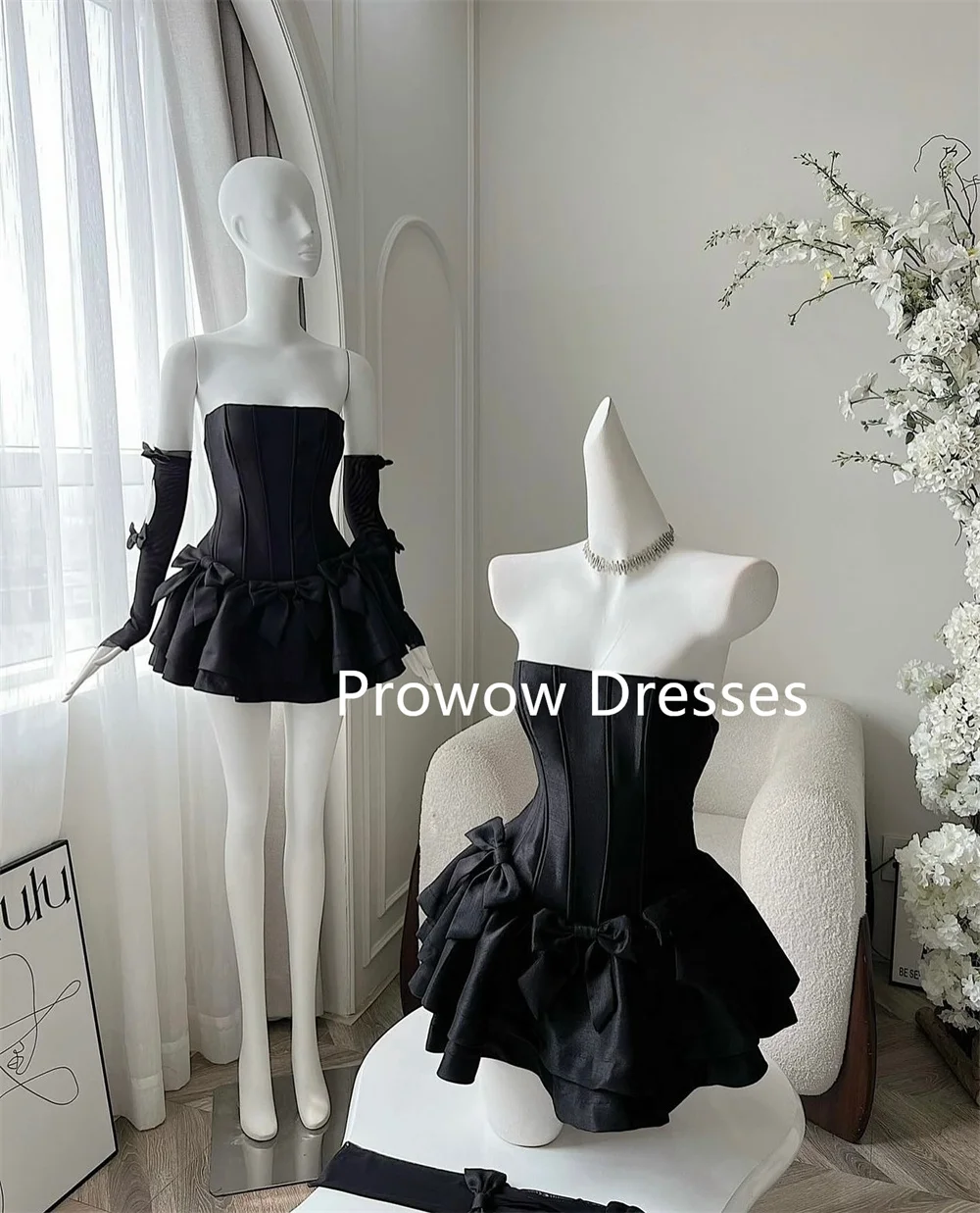 Prowow Strapless Mini Prom Cocktail Dress With Gloves A Line Wedding Party Dress Women Formal Gown