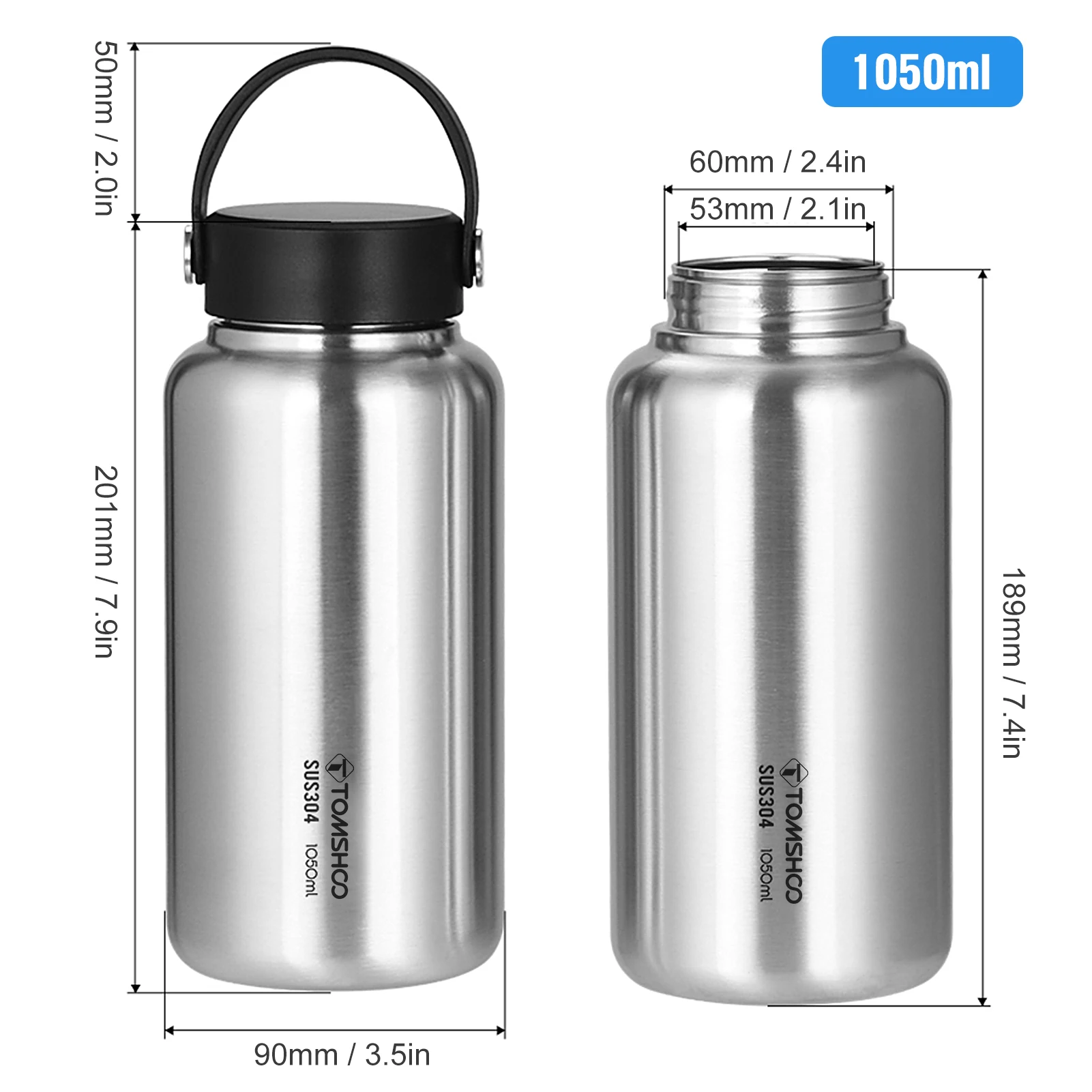 Tomshoo 1.05L 304 Stainless Steel Water Bottle Leakproof Sports Bottle 750ml Water Cup Coffee Mug Hanging Pot Outdoor Camping