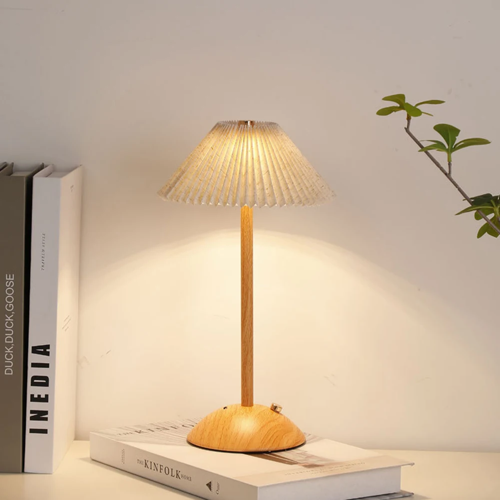 Portable LED Desk Lamp Wood Base Small Table Lamp Fabric Shade Dimmable Touch Lamp Rechargeable for Living Room Dorm Home Office 5