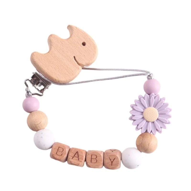 Baby Personalized Name Wooden Elephant Pacifier Baby Soother Clip with Daisy Charm Beech Wood Alphabet Beads, Anti-Drop Function