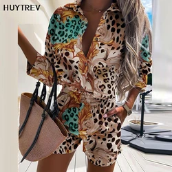 Shorts Sets For Women 2022 Summer Fashion Print Boho Button Long Sleeve Shirt Top Casual Shorts Pocket 2 Piece Woman Set Outfit