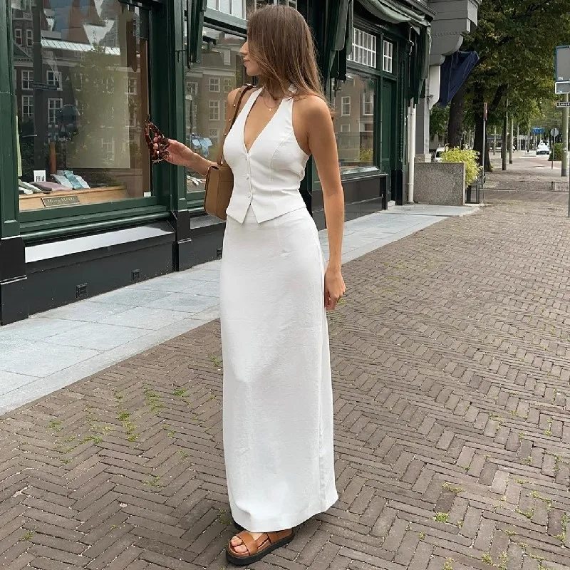 Femmes 2 pièces Tenues d’été Solid Color Button Halter Tops et Slit Long Jupe Set pour Streetwear y2k Vêtements esthétiques 1