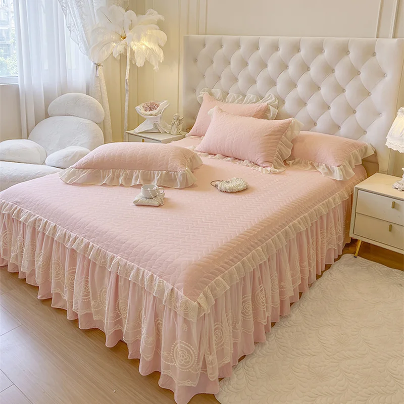 AI WINSURE-Washed Cotton Bed Cover with Pillowcase, Chic Lace Ruffles Bed Skirt, Quilted Bedspread, Queen, King Size, 3pcs