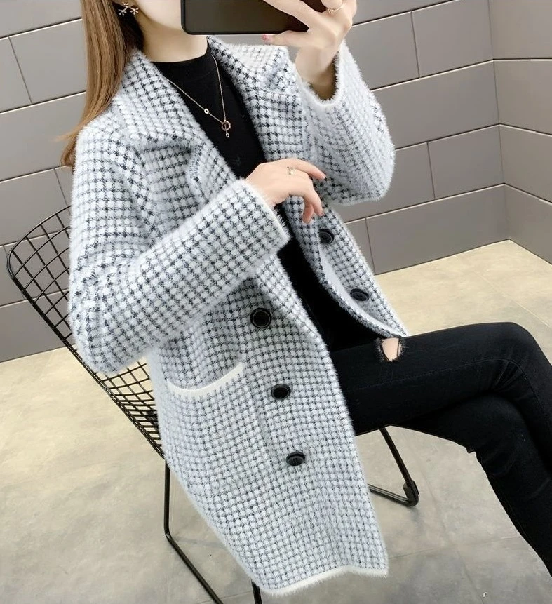 faux-mink-checkered-coat-plaid-sweater-loose-women's-korean-version-medium-length-cardigan-winter-outerwear-plush-jacket