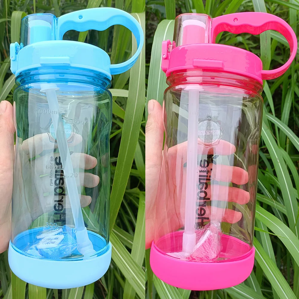 Sports water bottle 1000ml BPA free fitness protein shake plastic portable straw