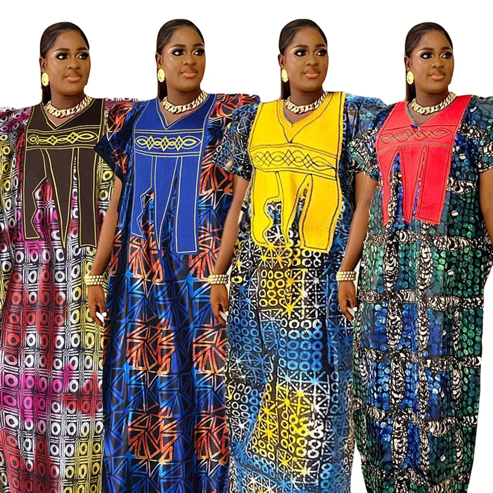 Women African Dresses Embroidery Short Sleeve V Neck Party Dress Print Vestidos Loose Fit Floor Length Spliced Slight Strech