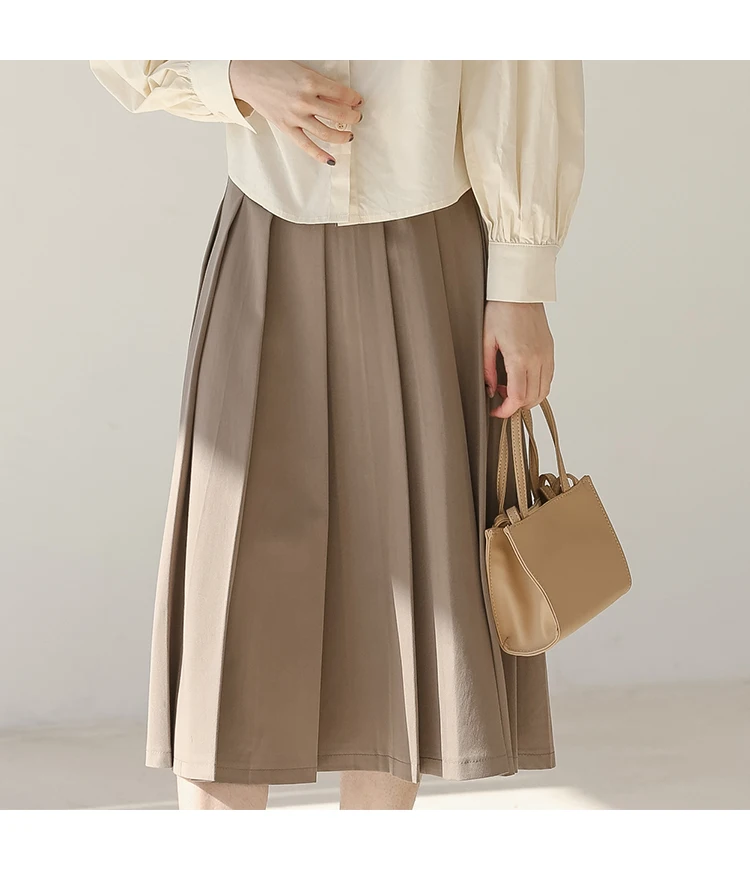 Autumn Elegant Women Pleated Drape Long Skirt Vintage High Waist Female A-line Preppy Style Mid-Calf Long Cotton Woman Skirts purple skirt