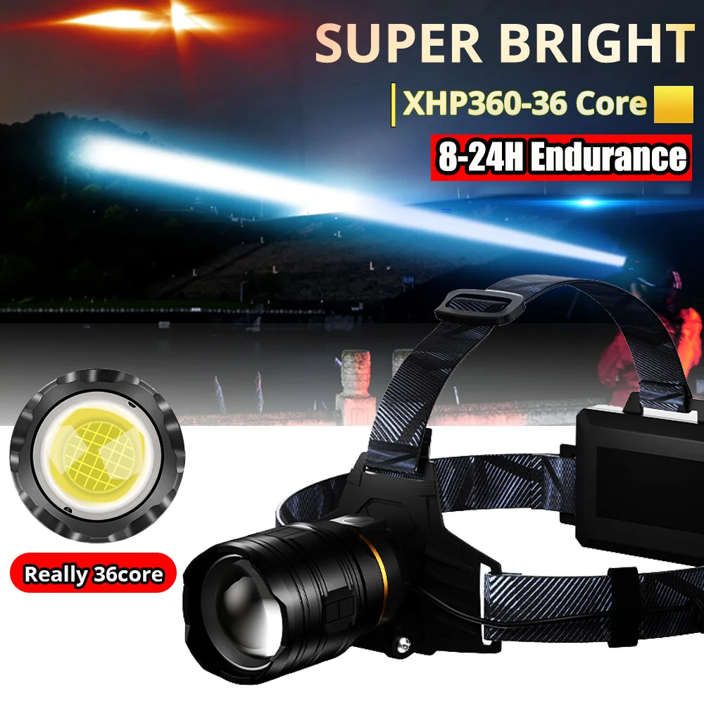 Brightest XHP360-36CORE Headlamp usb Rechargeable waterproof