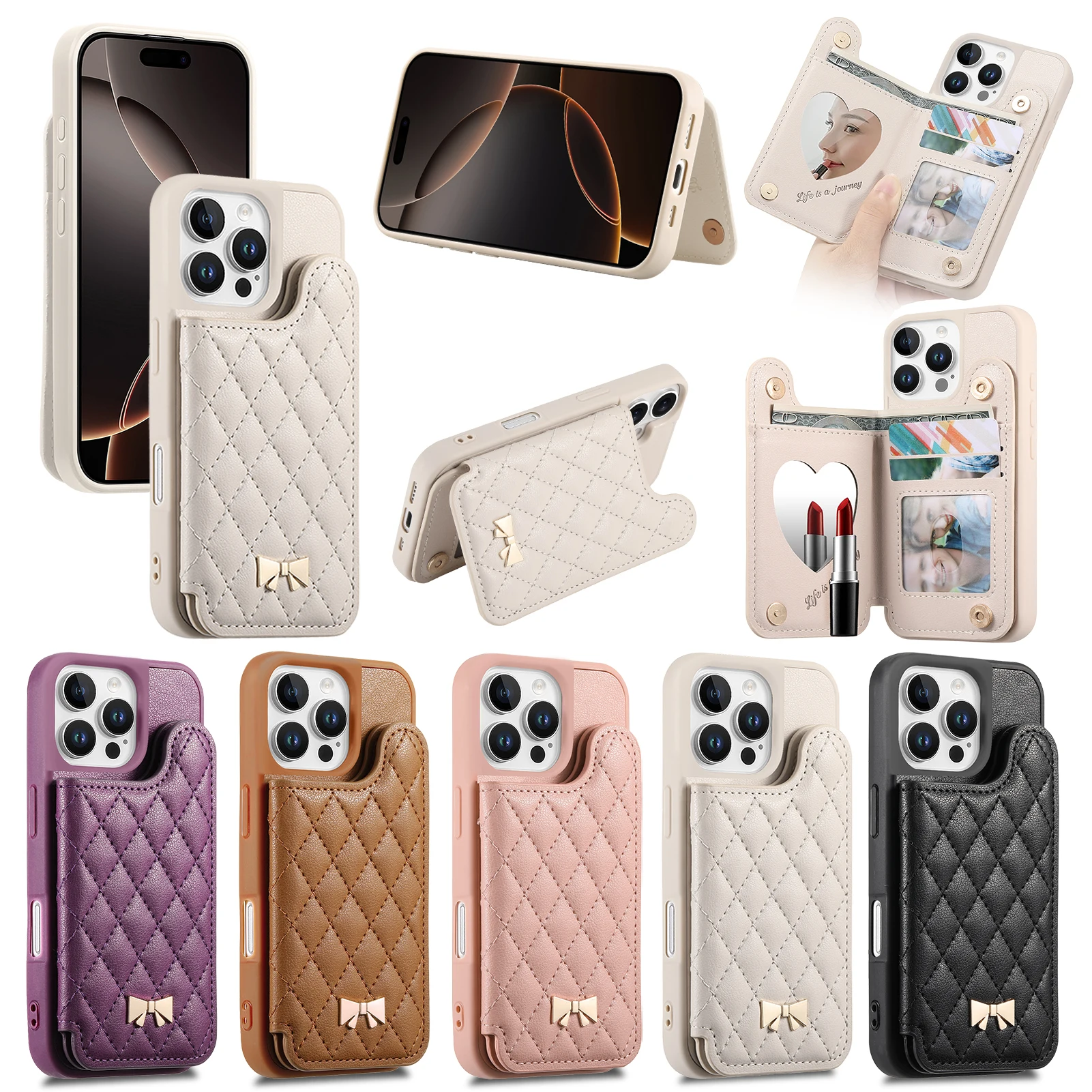 Grid Pattern Leather Phone Case with Built-in Mirror and Card Pocket Wallet Cover