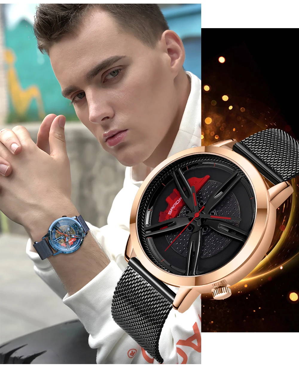 SANDA P1040 New Wheel Rim Hub Watch Stainless Steel Sport Car Quartz Watches Waterproof Creative Luminous Clock Relogio Masculio
