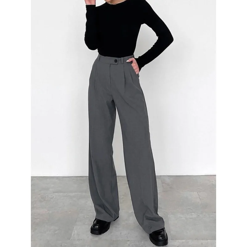 Gray High Waist Straight Commute Style Draped Trousers New Autumn Fashion Casual Suit Pants for Women Yy18