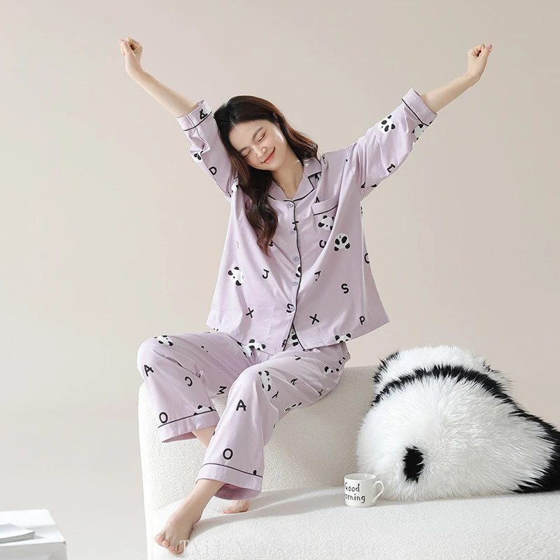 

Новинка 2024 пижама в виде панды класса А женский весенний комплект удобной повседневной домашней одежды из чистого хлопка с длинными рукавами и Рамой