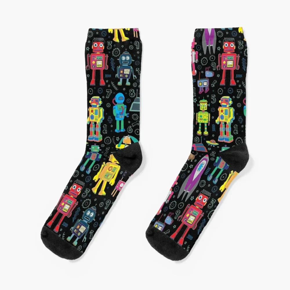 

Robots in Space - black - fun pattern by Cecca Designs Socks gym sports and leisure Children's Socks Men's Women's