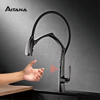 AITANA Rubinetto da cucina con display a LED in ottone di lusso grigio pistola, sensore touchless, miscelatore sinK a risparmio idrico con spruzzo estraibile a 3 funzioni 1