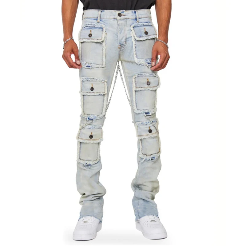 

Streetwear Solid Trousers Chain Slim Mid Waist Denim Pant Men 2YK Pants Male Fashion Multi Pockets Stitching Jeans Cargo Pants